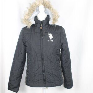 U.S. Polo Black Puffer Jacket Woman Size Medium Fur Lined Hoodie Full Zip Front